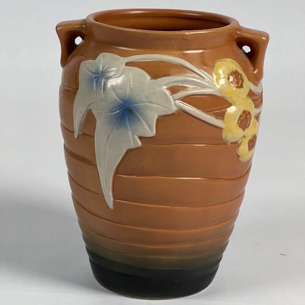 Reproduction  Roseville Sunflower Vase 7.5″ Brown Ceramic Pottery Floral Accent